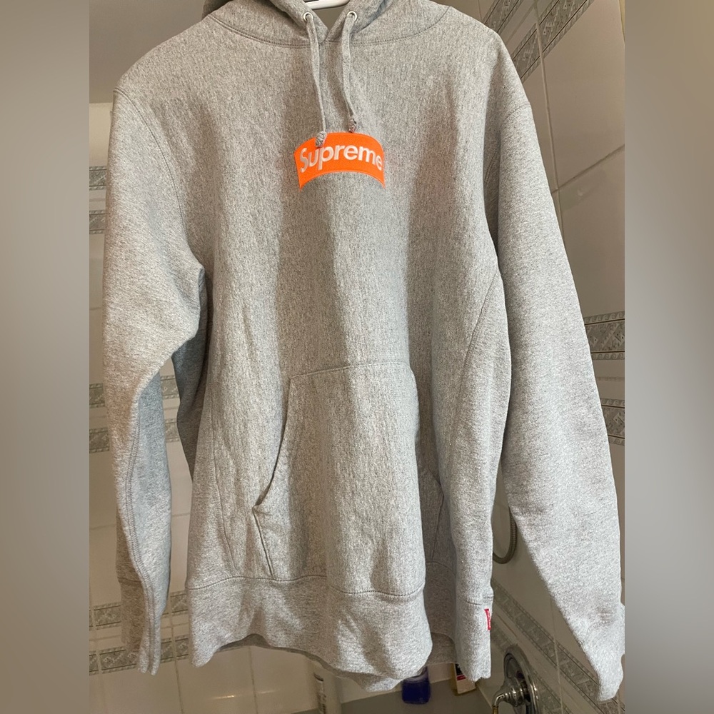 Supreme Gray Hoodie with Orange Logo